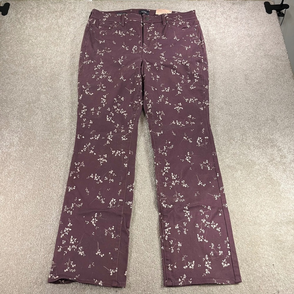 NYDJ Marilyn Straight Pants Womens 14 Purple Floral Lift Tuck Stretch Trousers